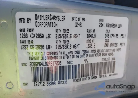 2002 Chrysler Town & Country Limited из США, поврежденный, VIN 2C8GP64L82R617235